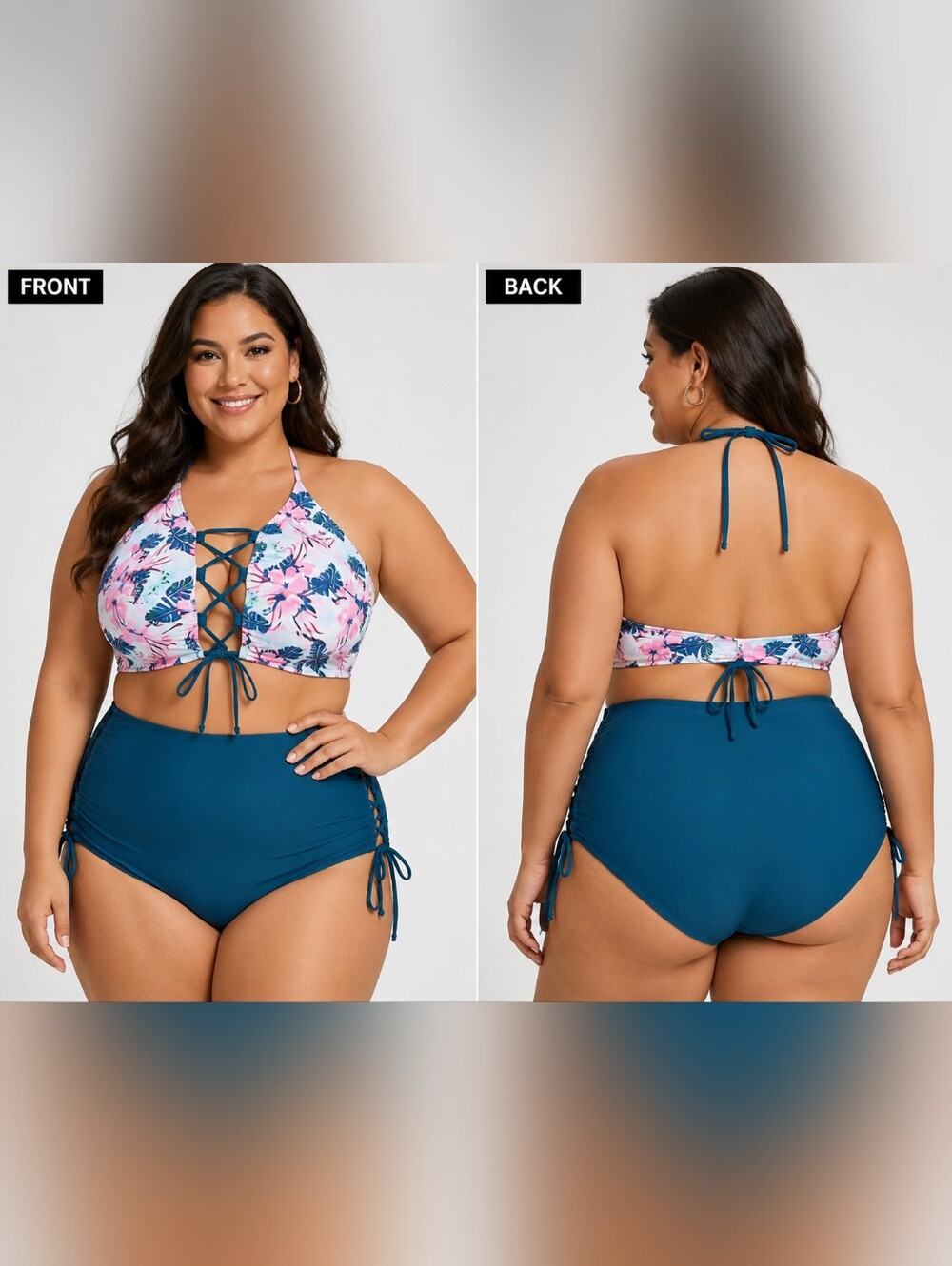 Floral Halter Bikini Swim Suit 2pc Set  Adjustable Straps Size 3XL